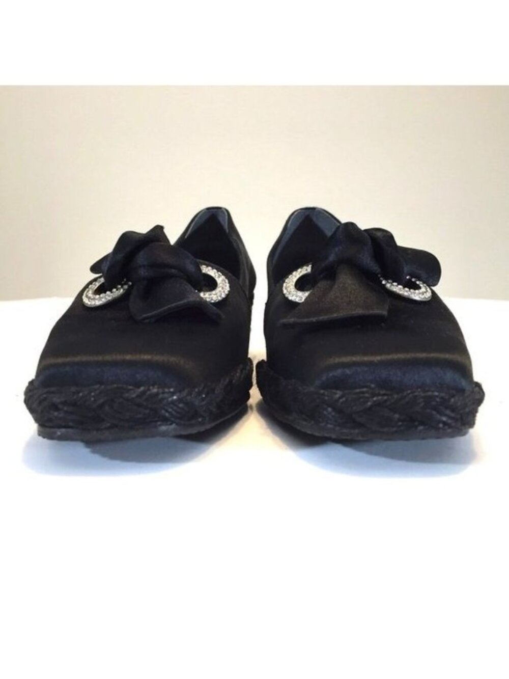 Stuart Weitzman Womens Wedge Espadrille Loafers Black Satin Bow Jewels size 5.5 - Picture 5 of 11